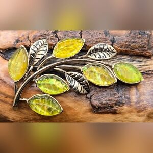 Monet Branch w/ Leaves Brooch Molded Glass & Gold Tone Metal 2.25" X 1.75"
